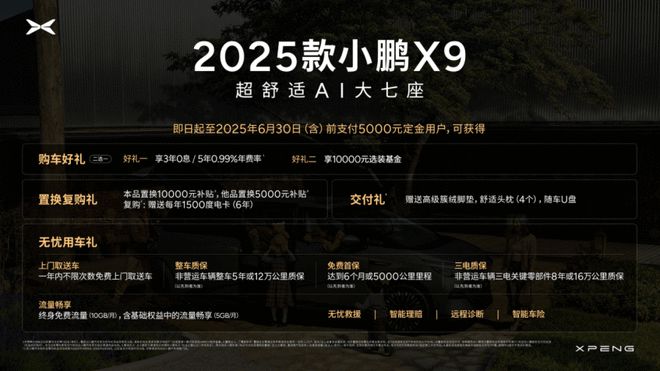 图灵AI智驾/主动后轮转向 2025款小鹏X9售35.98万起2