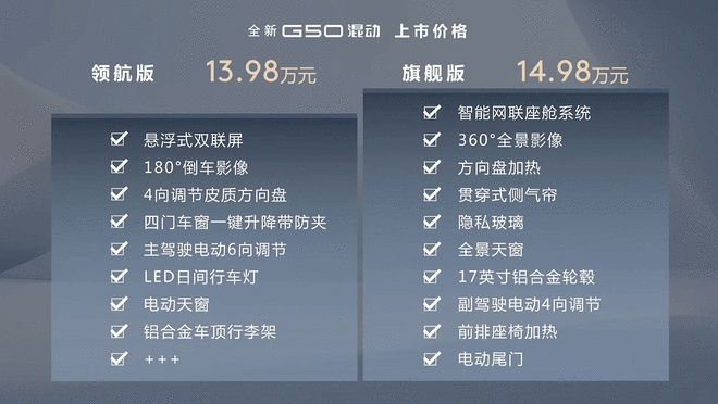综合续航1405km 上汽大通G50混动售13.98万-14.98万3