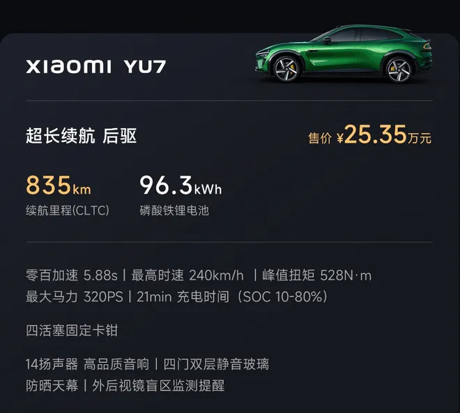 售价25.35-32.99万元 小米YU7正式上市